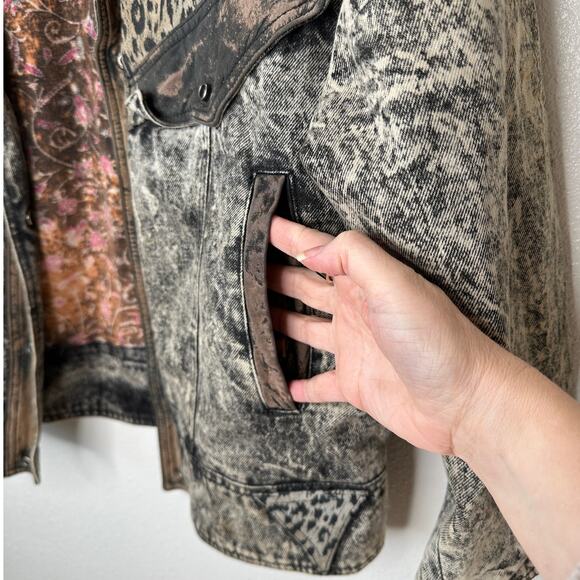 Winlit Vintage Tan Black Suede & Denim Acid Wash Animal Print Biker Jacket S - Picture 6 of 16